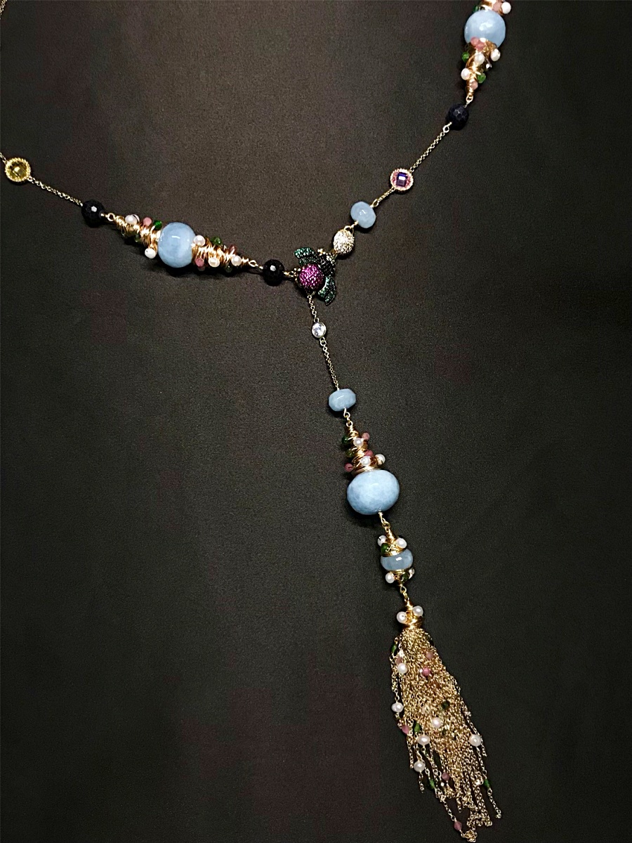 花園饗宴海藍寶流蘇長項鍊 