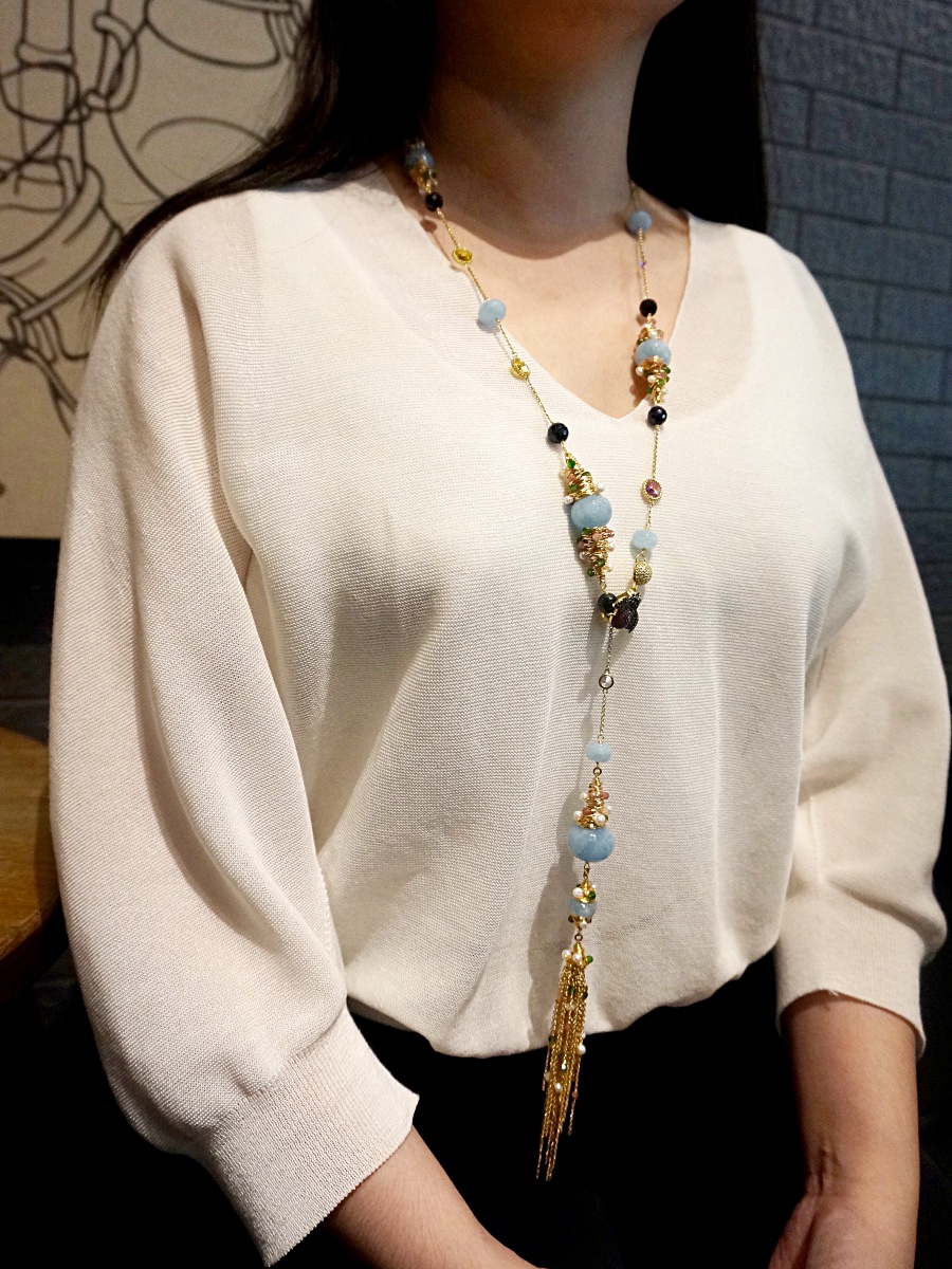 花園饗宴海藍寶流蘇長項鍊 