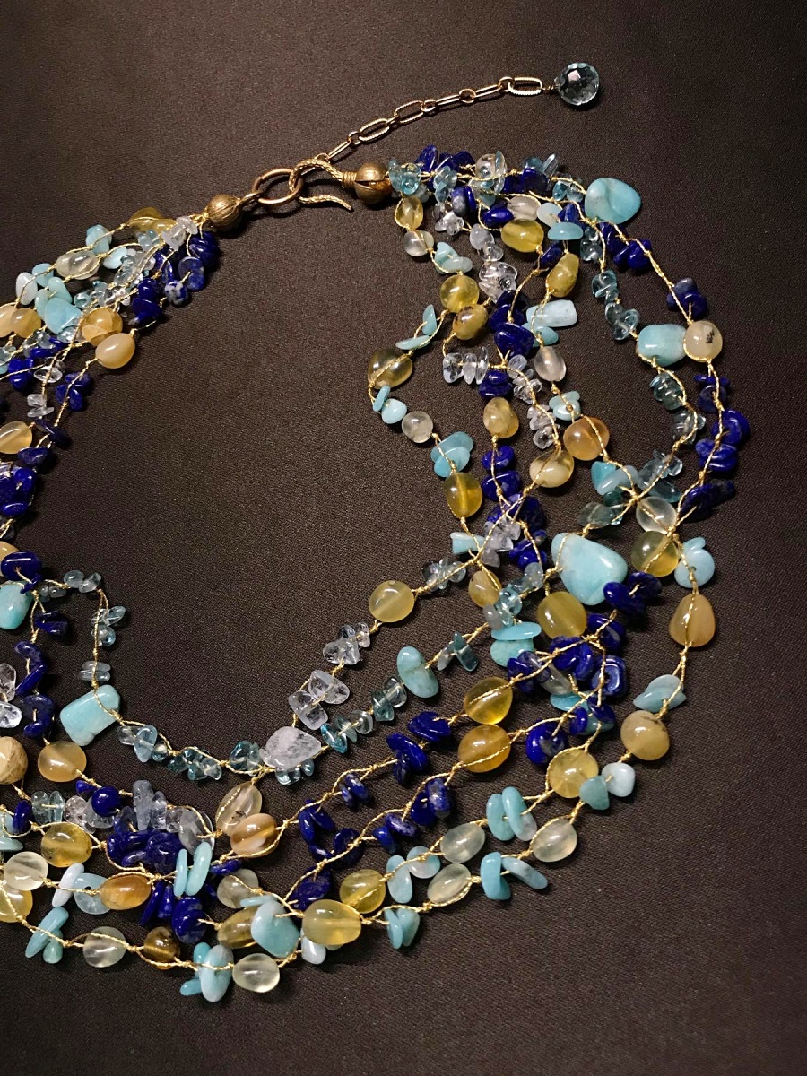 清涼水晶波浪青金石鎖骨項鍊 