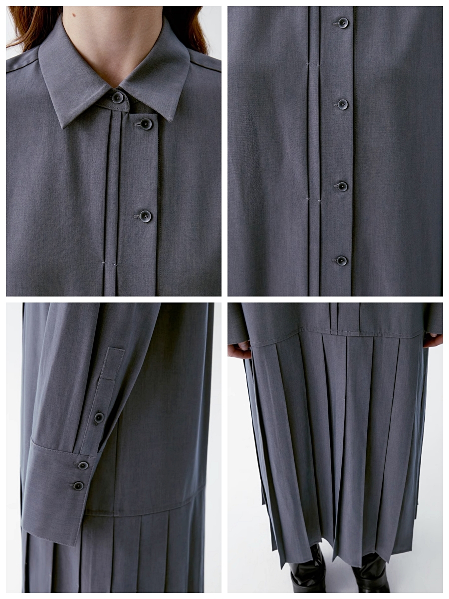 INSIS｜ Intellectual Tencel Wool Pleated Design Shirt Dress