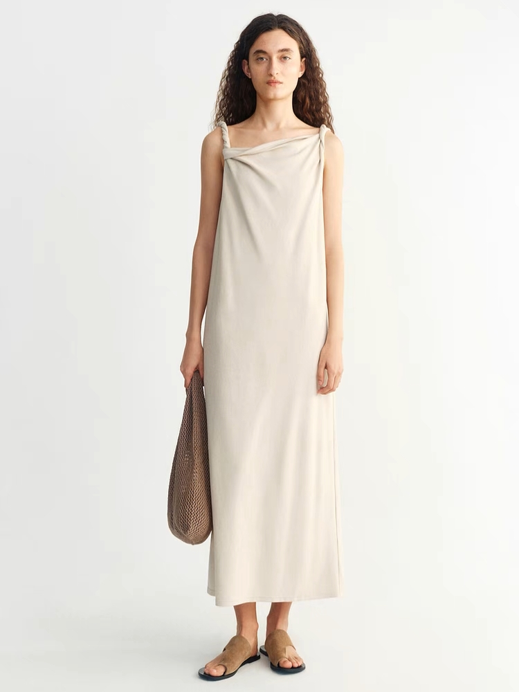 INSIS｜ Cotton Drape Collar Design Twisted Shoulder Knitted Dress