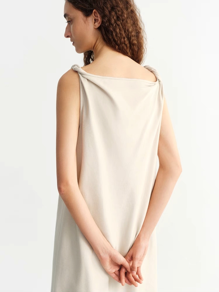 INSIS｜ Cotton Drape Collar Design Twisted Shoulder Knitted Dress